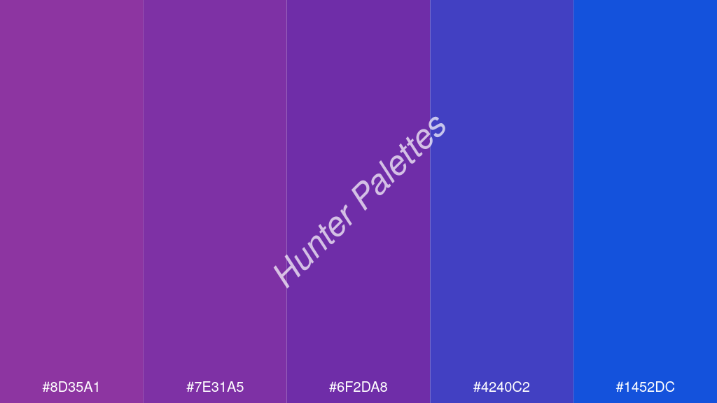 szőlő szín palettája a következőkkel: #8d35a1 #7e31a5 #6f2da8 #4240c2 #1452dc