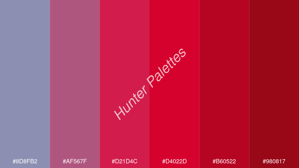 skarlát szín palettája a következőkkel: #8d8fb2 #af567f #d21d4c #d4022d #b60522 #980817