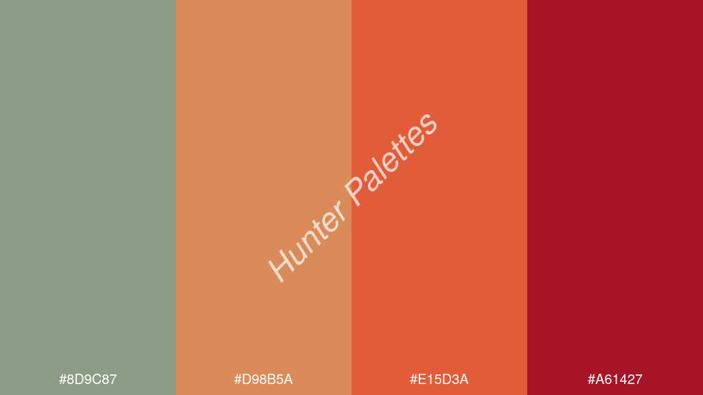 mangó szín palettája a következőkkel: #8d9c87 #d98b5a #e15d3a #a61427