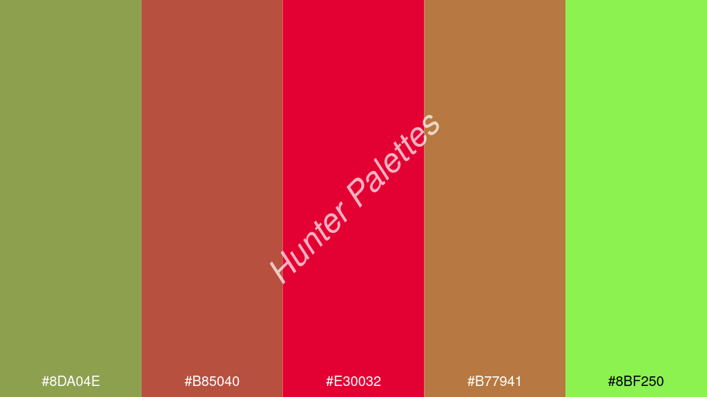 skarlát szín palettája a következőkkel: #8da04e #b85040 #e30032 #b77941 #8bf250