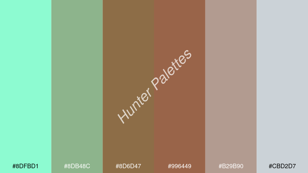 barna szín palettája a következőkkel: #8dfbd1 #8db48c #8d6d47 #996449 #b29b90 #cbd2d7