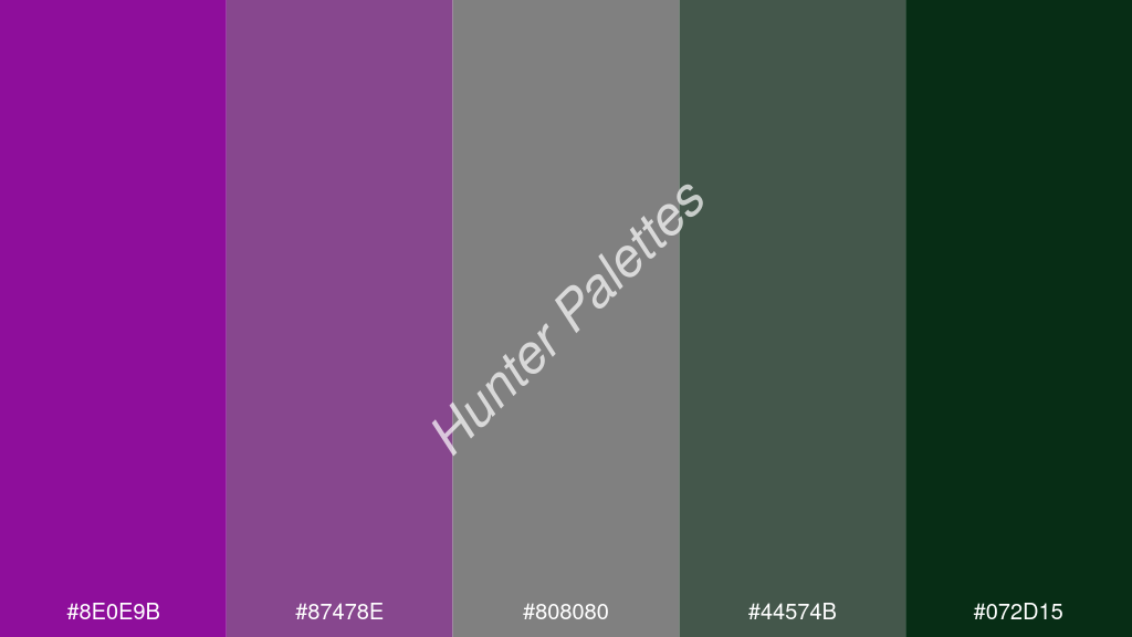 szürke szín palettája a következőkkel: #8e0e9b #87478e #808080 #44574b #072d15