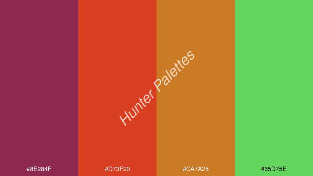fluoreszkáló narancs szín palettája a következőkkel: #8e284f #d73f20 #ca7a25 #65d75e