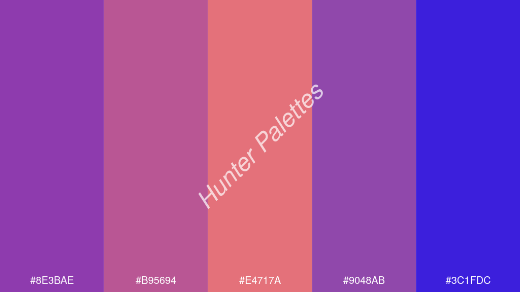 korall szín palettája a következőkkel: #8e3bae #b95694 #e4717a #9048ab #3c1fdc
