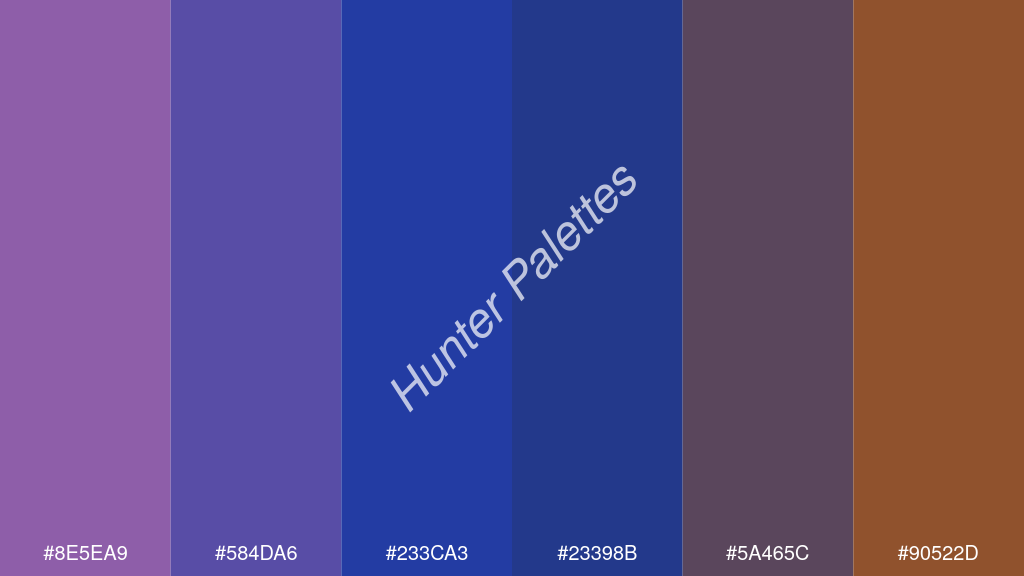 királykék szín palettája a következőkkel: #8e5ea9 #584da6 #233ca3 #23398b #5a465c #90522d