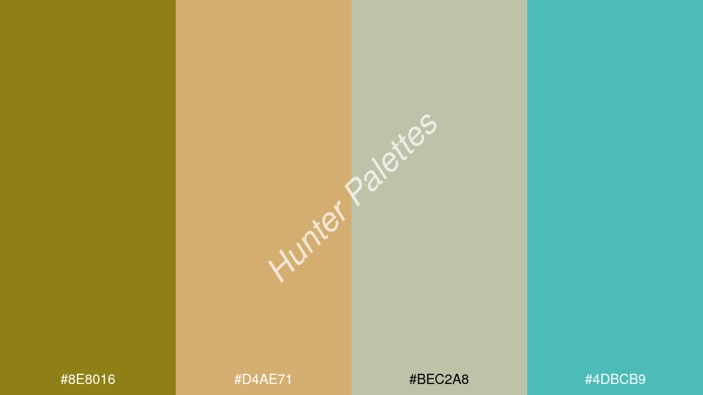 őszibarack szín palettája a következőkkel: #8e8016 #d4ae71 #bec2a8 #4dbcb9