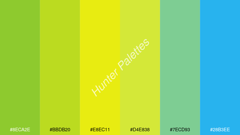 neon sárga szín palettája a következőkkel: #8eca2e #bbdb20 #e8ec11 #d4e838 #7ecd93 #28b3ee