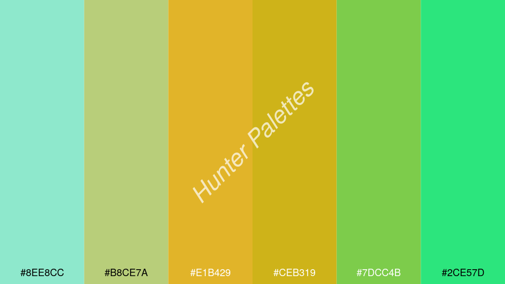 mustársárga szín palettája a következőkkel: #8ee8cc #b8ce7a #e1b429 #ceb319 #7dcc4b #2ce57d