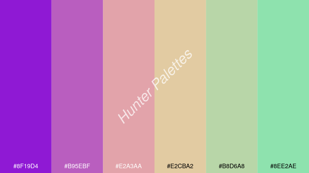 őszibarack szín palettája a következőkkel: #8f19d4 #b95ebf #e2a3aa #e2cba2 #b8d6a8 #8ee2ae