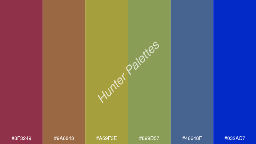 kivi szín palettája a következőkkel: #8f3249 #9a6843 #a59f3e #899d57 #46648f #032ac7