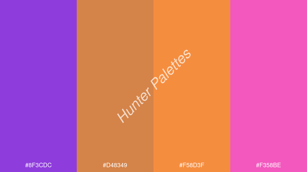 mustársárga szín palettája a következőkkel: #8f3cdc #d48349 #f58d3f #f358be