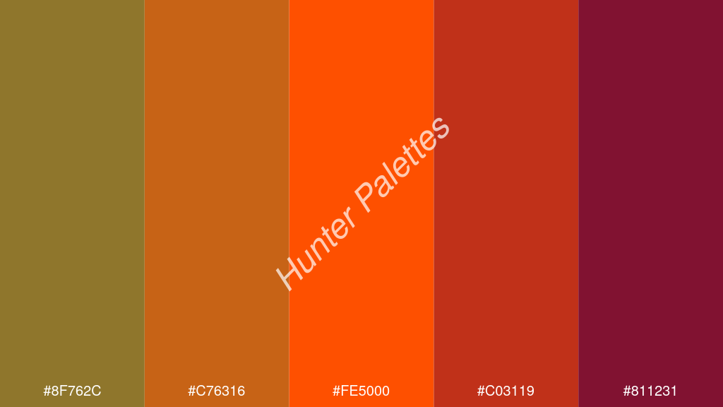 Pantone narancs szín palettája a következőkkel: #8f762c #c76316 #fe5000 #c03119 #811231