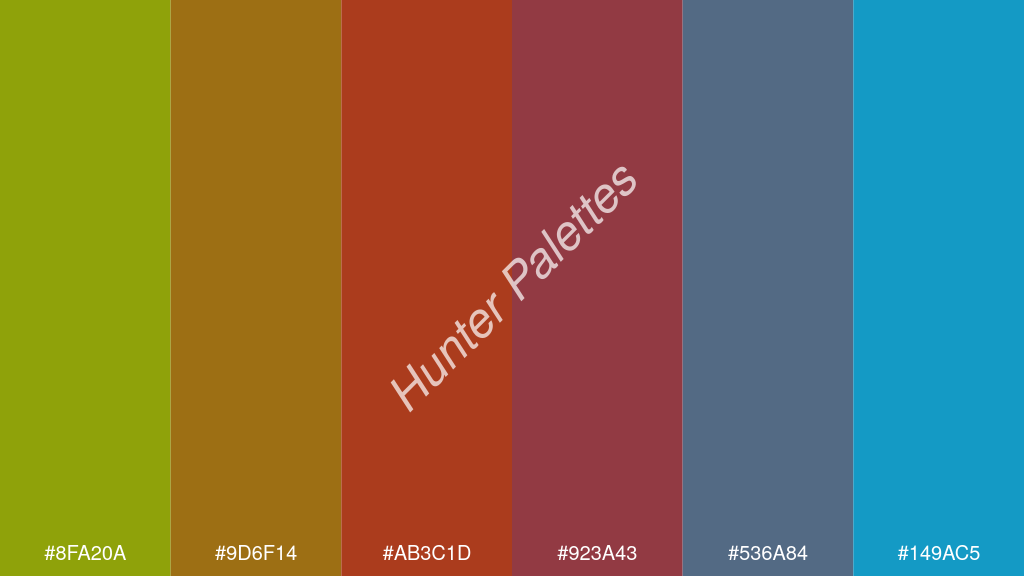 tégla szín palettája a következőkkel: #8fa20a #9d6f14 #ab3c1d #923a43 #536a84 #149ac5