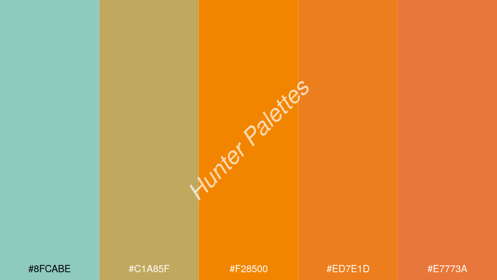 mandarin szín palettája a következőkkel: #8fcabe #c1a85f #f28500 #ed7e1d #e7773a