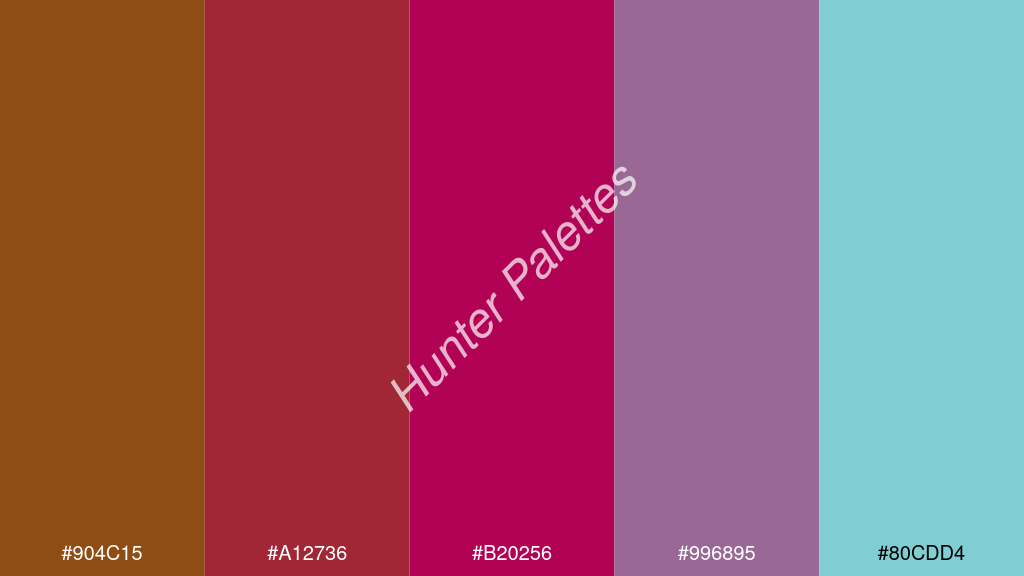 élénk rózsaszín szín palettája a következőkkel: #904c15 #a12736 #b20256 #996895 #80cdd4