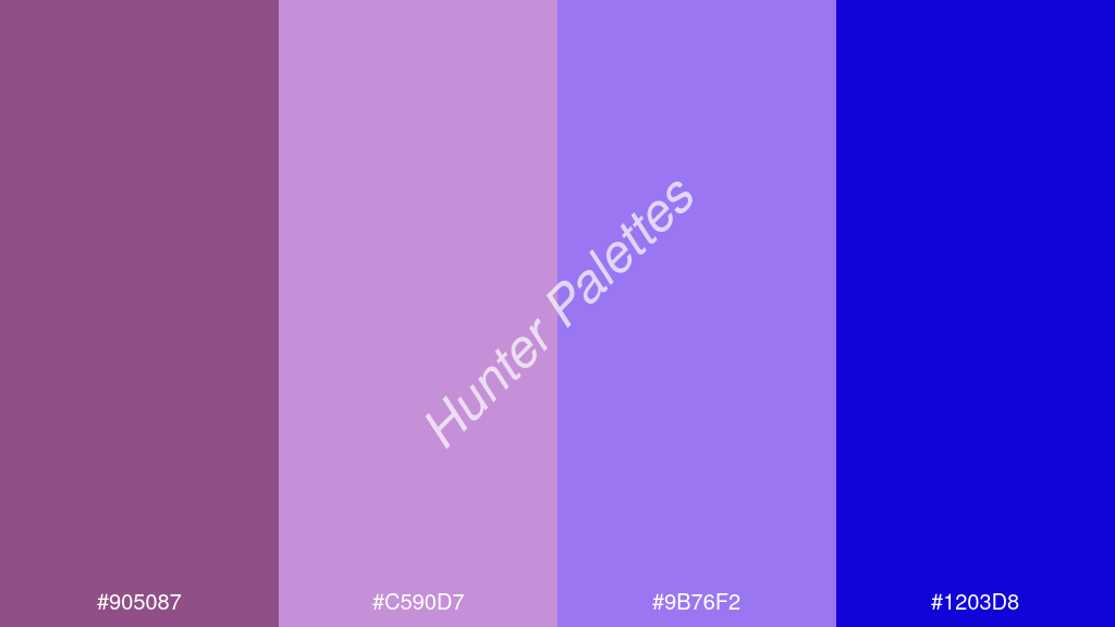 mályva szín palettája a következőkkel: #905087 #c590d7 #9b76f2 #1203d8
