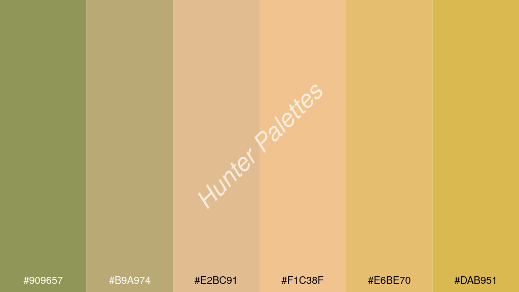 őszibarack szín palettája a következőkkel: #909657 #b9a974 #e2bc91 #f1c38f #e6be70 #dab951