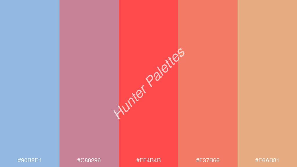 világos piros szín palettája a következőkkel: #90b8e1 #c88296 #ff4b4b #f37b66 #e6ab81