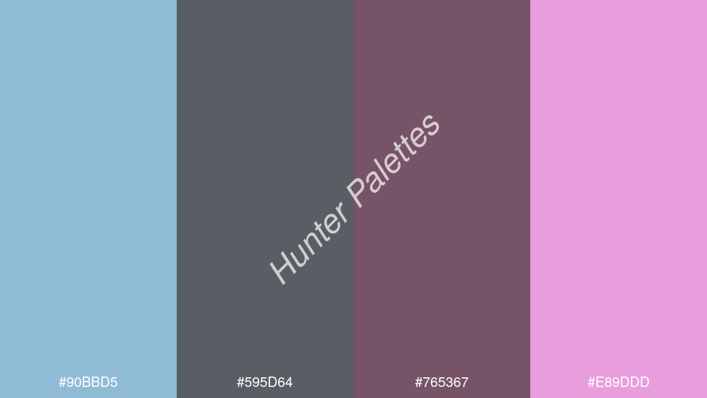 wenge szín palettája a következőkkel: #90bbd5 #595d64 #765367 #e89ddd