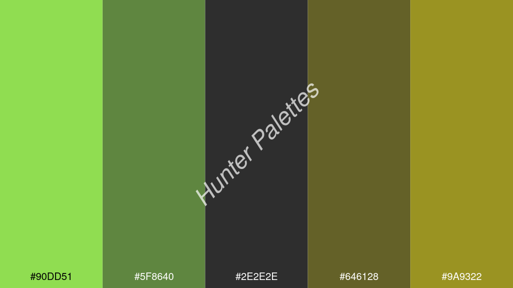 sötét szürke szín palettája a következőkkel: #90dd51 #5f8640 #2e2e2e #646128 #9a9322