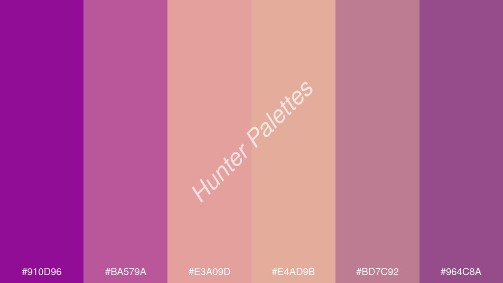 őszibarack szín palettája a következőkkel: #910d96 #ba579a #e3a09d #e4ad9b #bd7c92 #964c8a