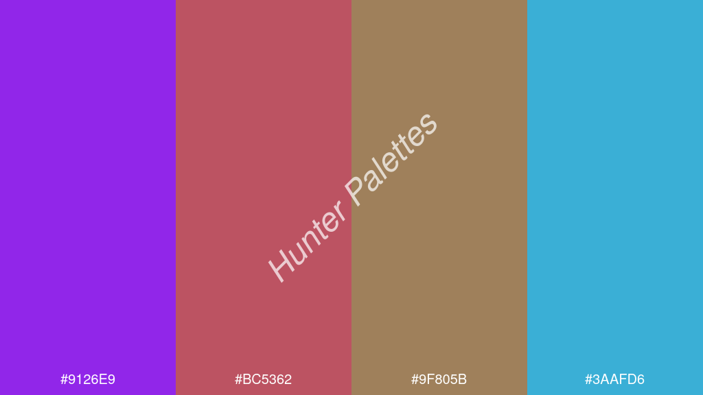 fahéj szín palettája a következőkkel: #9126e9 #bc5362 #9f805b #3aafd6