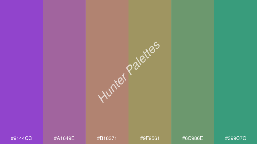 okker szín palettája a következőkkel: #9144cc #a1649e #b18371 #9f9561 #6c986e #399c7c