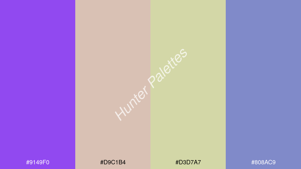 pasztell sárga szín palettája a következőkkel: #9149f0 #d9c1b4 #d3d7a7 #808ac9