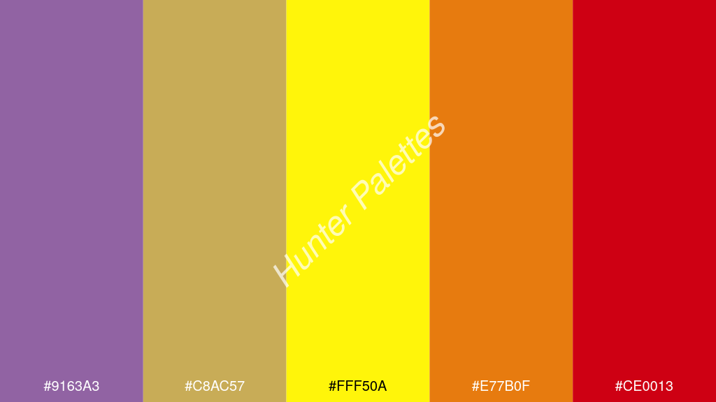 neon sárga szín palettája a következőkkel: #9163a3 #c8ac57 #fff50a #e77b0f #ce0013