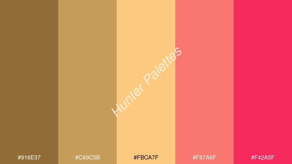 dinnye szín palettája a következőkkel: #916e37 #c69c5b #fbca7f #f87a6f #f42a5f
