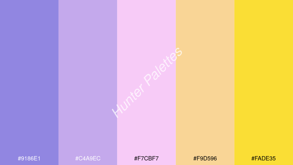 világos rózsaszín szín palettája a következőkkel: #9186e1 #c4a9ec #f7cbf7 #f9d596 #fade35