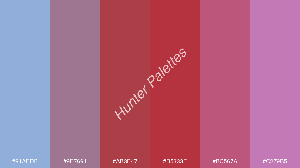 tégla szín palettája a következőkkel: #91aedb #9e7691 #ab3e47 #b5333f #bc567a #c279b5