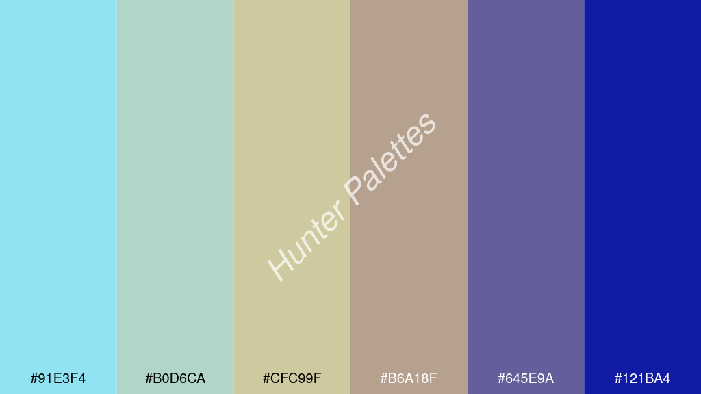 khaki szín palettája a következőkkel: #91e3f4 #b0d6ca #cfc99f #b6a18f #645e9a #121ba4