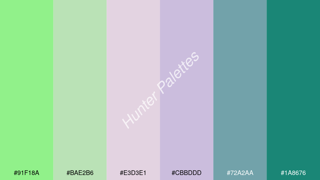 világos rózsaszín szín palettája a következőkkel: #91f18a #bae2b6 #e3d3e1 #cbbddd #72a2aa #1a8676