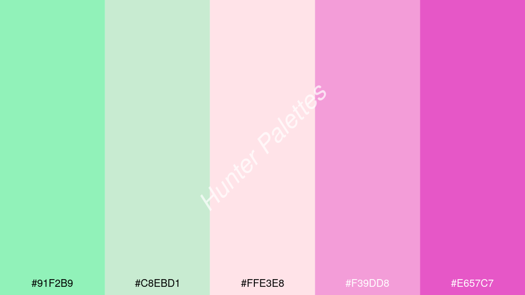 halvány rózsaszín szín palettája a következőkkel: #91f2b9 #c8ebd1 #ffe3e8 #f39dd8 #e657c7
