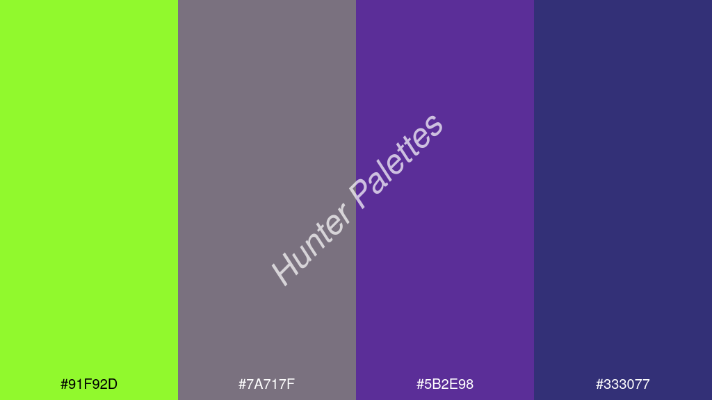 szőlő szín palettája a következőkkel: #91f92d #7a717f #5b2e98 #333077