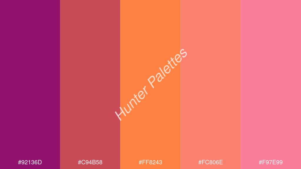 mangó szín palettája a következőkkel: #92136d #c94b58 #ff8243 #fc806e #f97e99