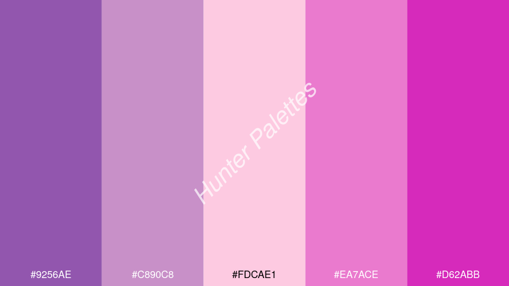 pasztell rózsaszín szín palettája a következőkkel: #9256ae #c890c8 #fdcae1 #ea7ace #d62abb