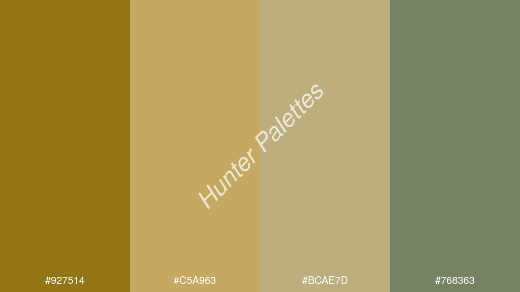 khaki szín palettája a következőkkel: #927514 #c5a963 #bcae7d #768363