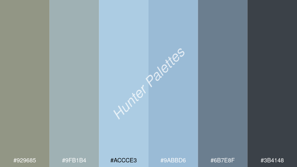 pasztellkék szín palettája a következőkkel: #929685 #9fb1b4 #accce3 #9abbd6 #6b7e8f #3b4148