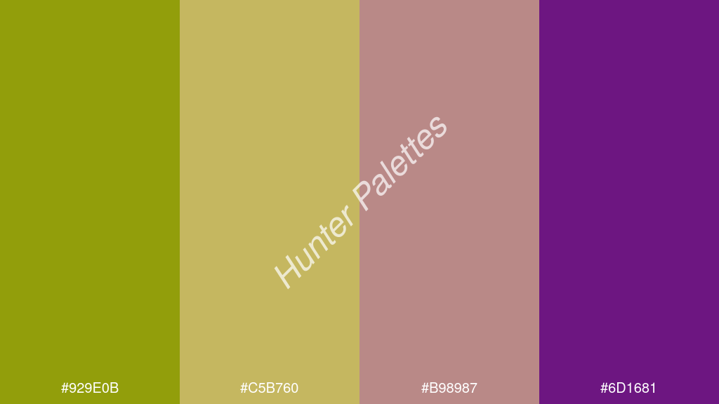 khaki szín palettája a következőkkel: #929e0b #c5b760 #b98987 #6d1681