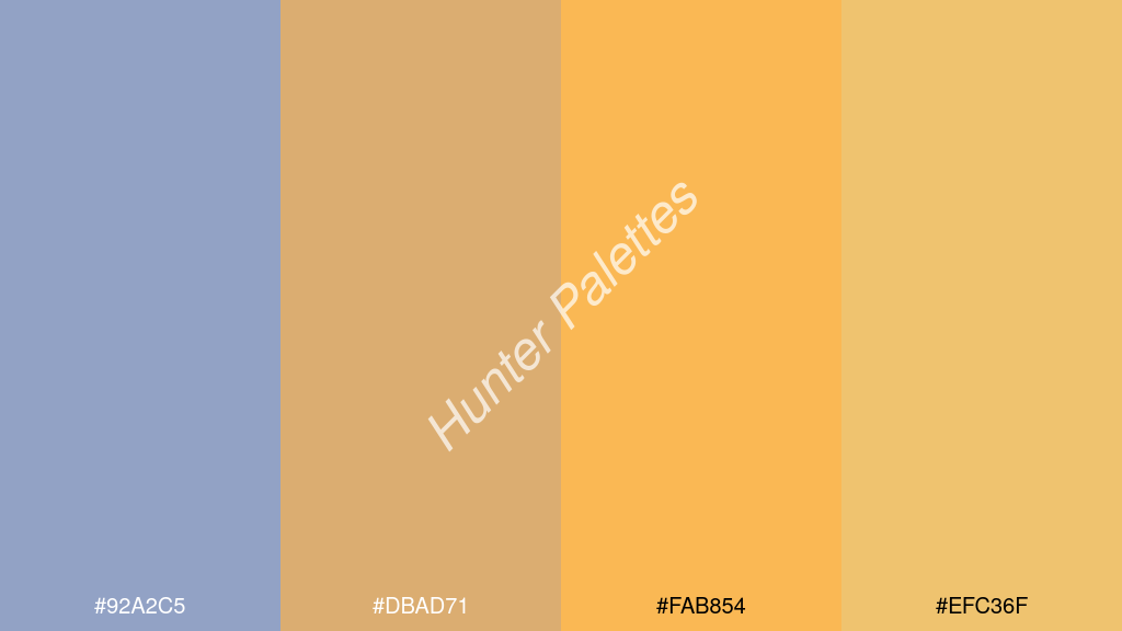pasztell narancssárga szín palettája a következőkkel: #92a2c5 #dbad71 #fab854 #efc36f