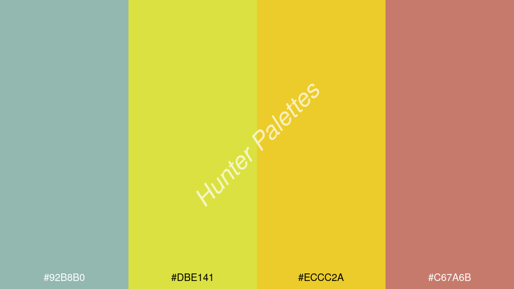 neon sárga szín palettája a következőkkel: #92b8b0 #dbe141 #eccc2a #c67a6b