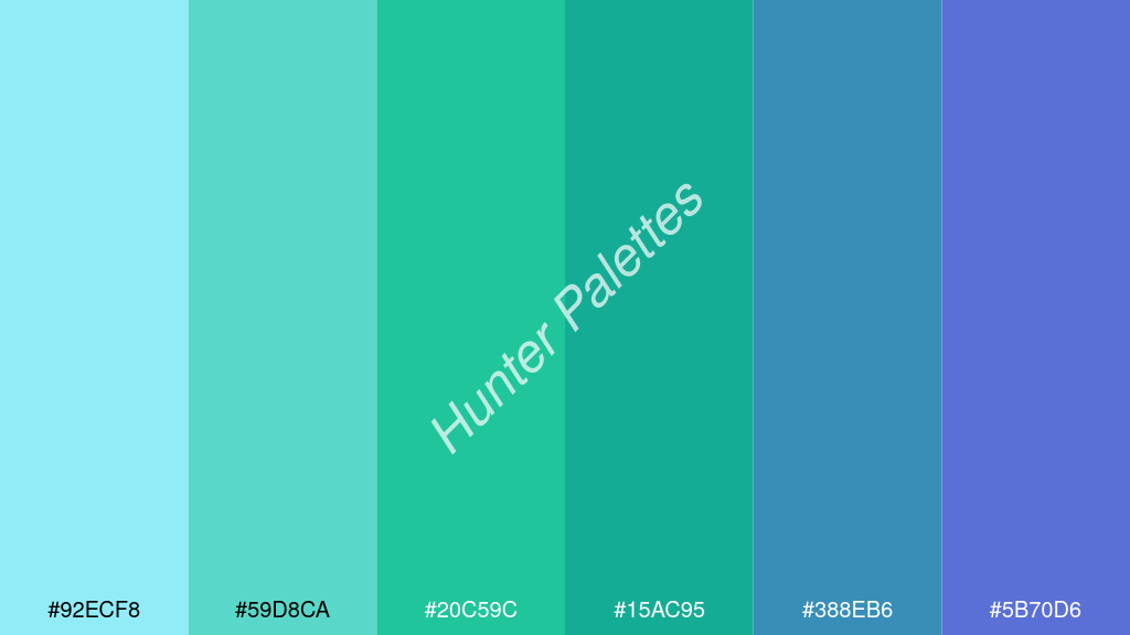 akvamarinzöld szín palettája a következőkkel: #92ecf8 #59d8ca #20c59c #15ac95 #388eb6 #5b70d6