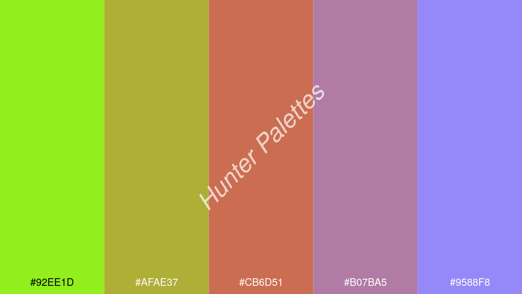 réz szín palettája a következőkkel: #92ee1d #afae37 #cb6d51 #b07ba5 #9588f8