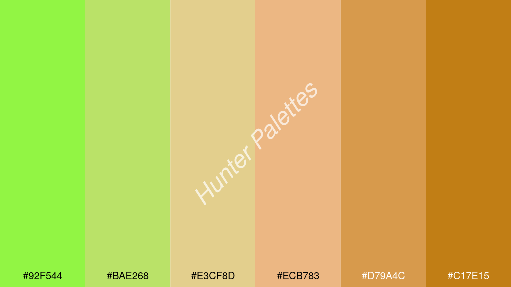 őszibarack szín palettája a következőkkel: #92f544 #bae268 #e3cf8d #ecb783 #d79a4c #c17e15