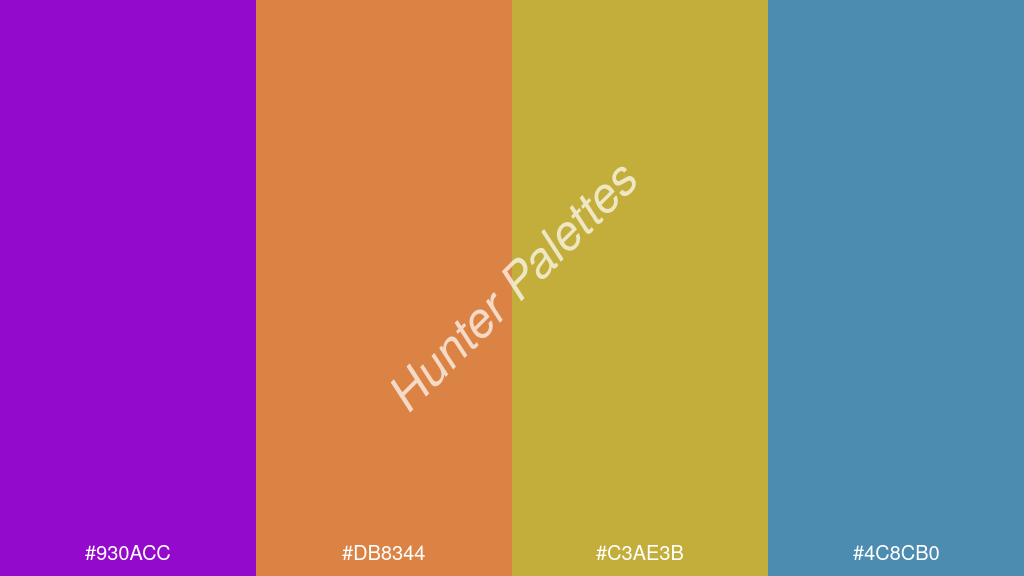 borostyán szín palettája a következőkkel: #930acc #db8344 #c3ae3b #4c8cb0