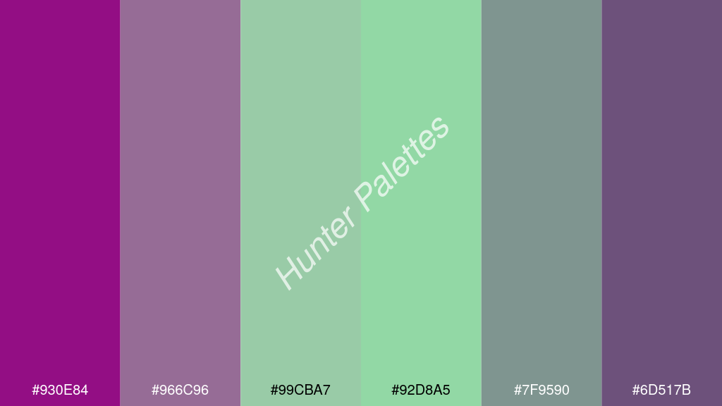 menta szín palettája a következőkkel: #930e84 #966c96 #99cba7 #92d8a5 #7f9590 #6d517b