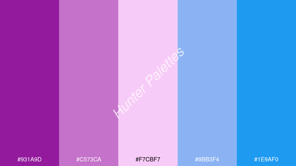világos rózsaszín szín palettája a következőkkel: #931a9d #c573ca #f7cbf7 #8bb3f4 #1e9af0