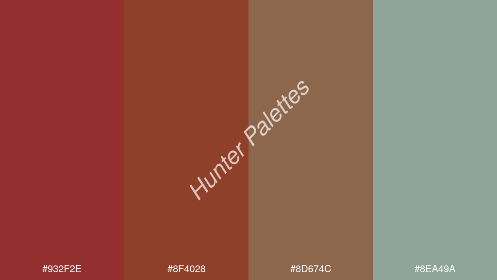 barna szín palettája a következőkkel: #932f2e #8f4028 #8d674c #8ea49a